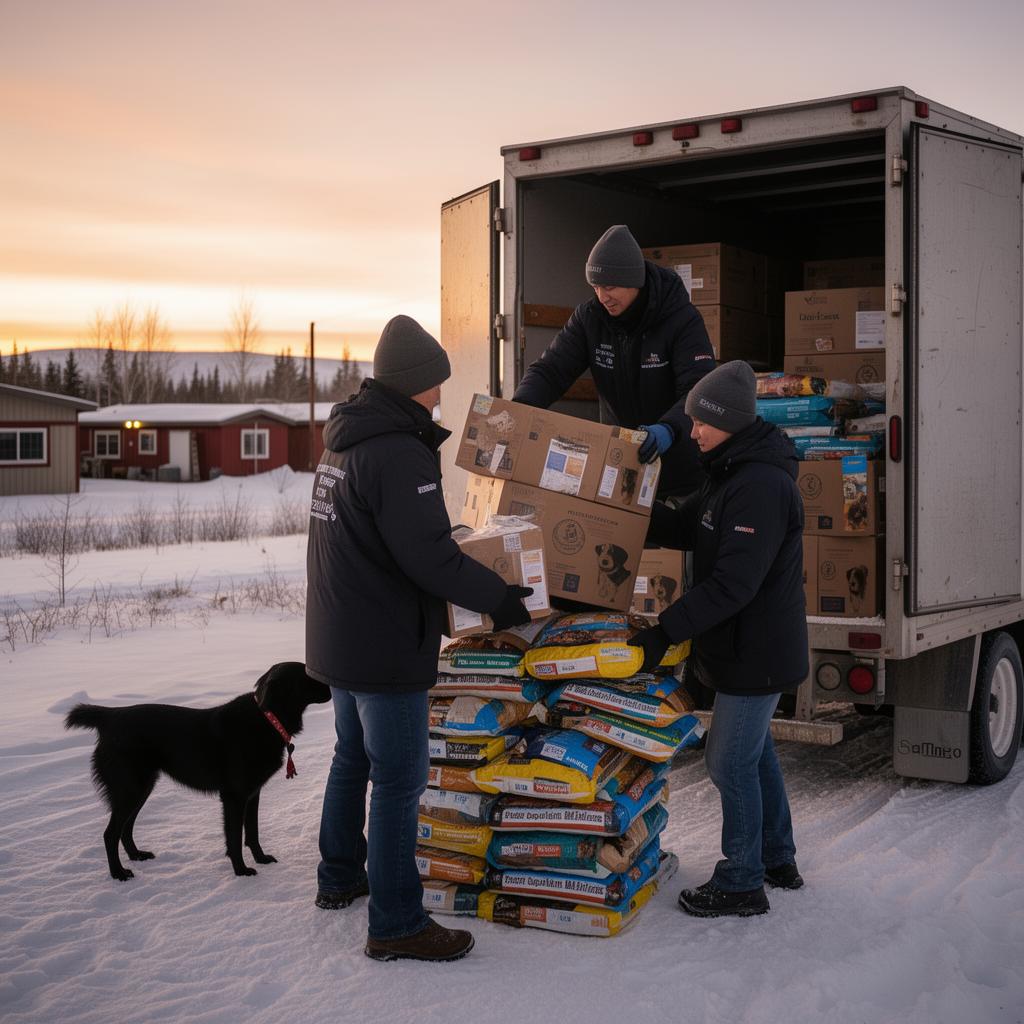 Volunteers unloading dog food and supplies at a reserve